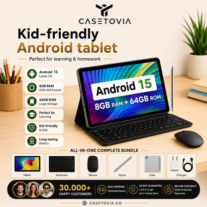 Android 15 Tablet with Keyboard & Mouse – Complete 6-in-1 Bundle